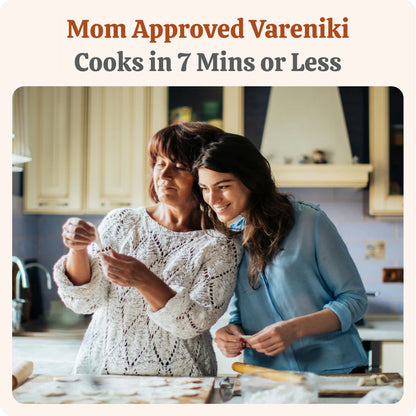 Mother and daughter making potato and mushroom vareniki, Eastern European style like Pierogi. By Daa! Dumplings NYC.